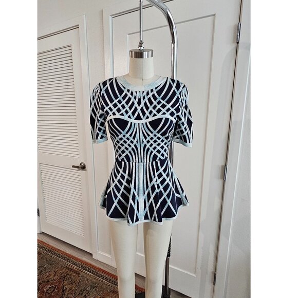 Herve Leger by BCBG Max Azria Navy and White Peplum Blouse in size S - Picture 1 of 5